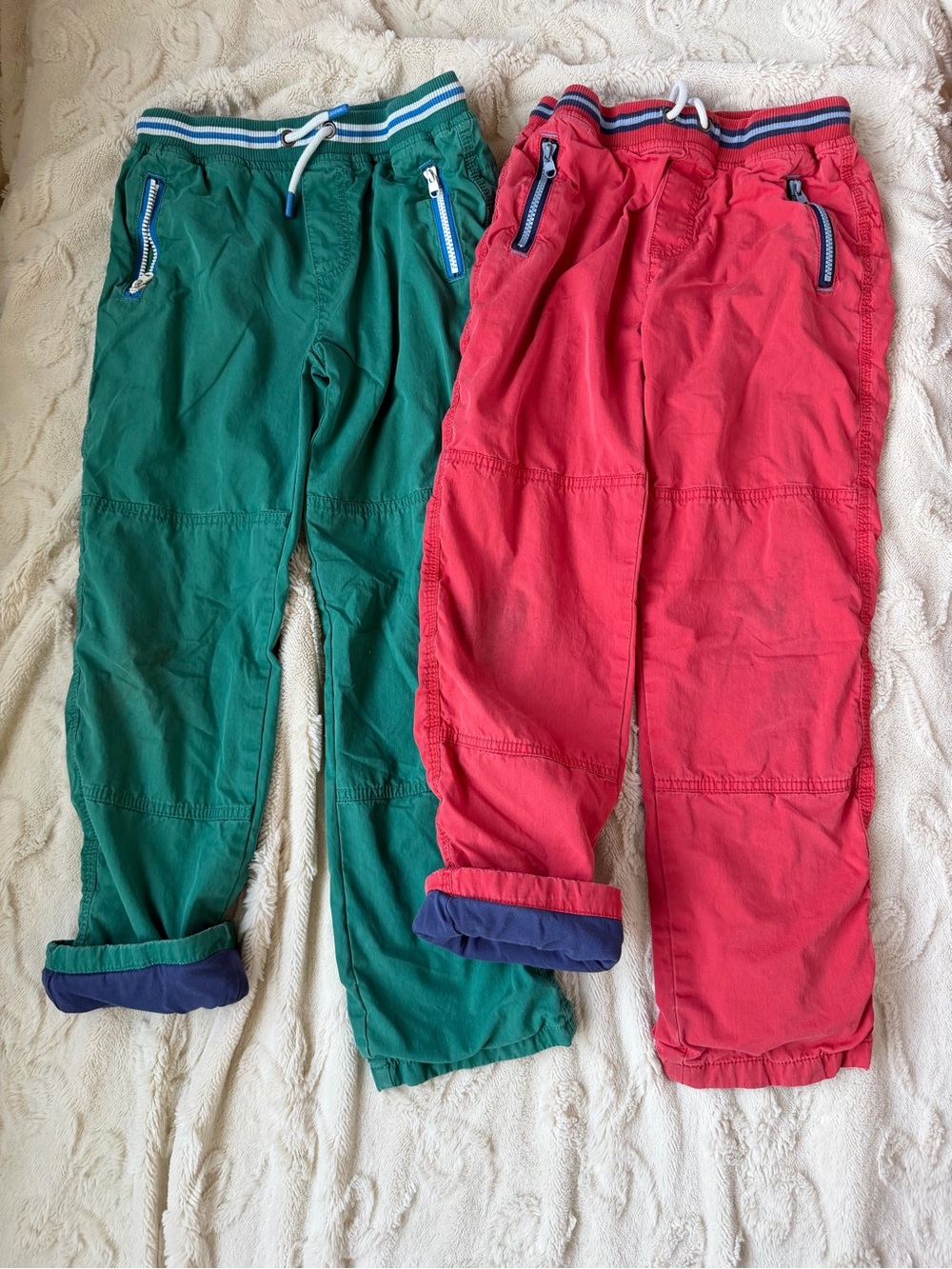 Boden Kids Joggers in Green and Coral with Striped Waistband